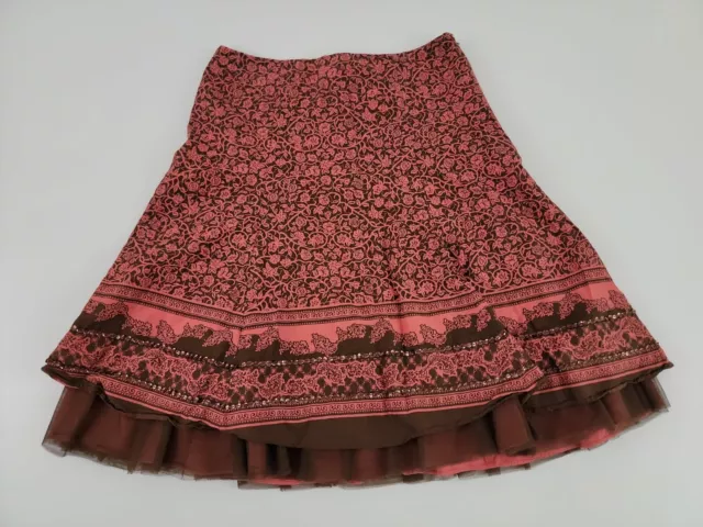 Apt. 9 Brown & Pink Rose Floral Sequined Flared Lined Womens Cotton Skirt Size 6