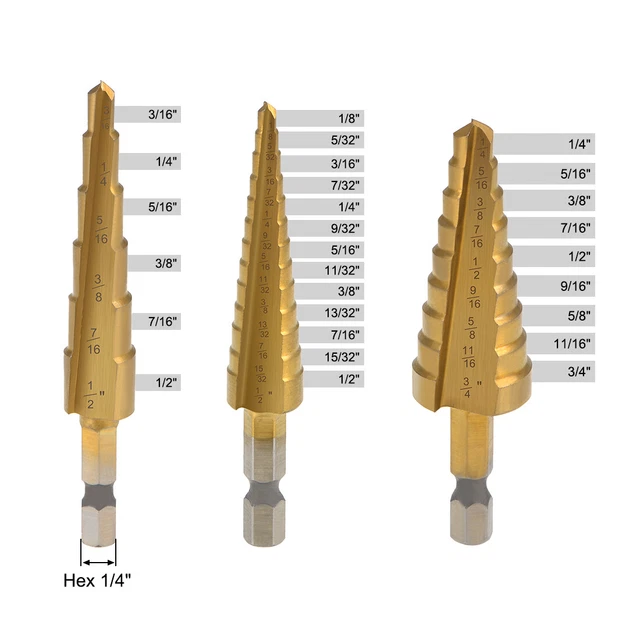 3x Titanium Step Drill Bits Set 1/4-3/4” 1/8-1/2” 3/16-1/2” Hex Shank Metal Wood 2