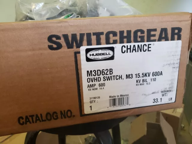 New Hubbell Chance M3D-62B 600A 15Kv Hook Stick Switch