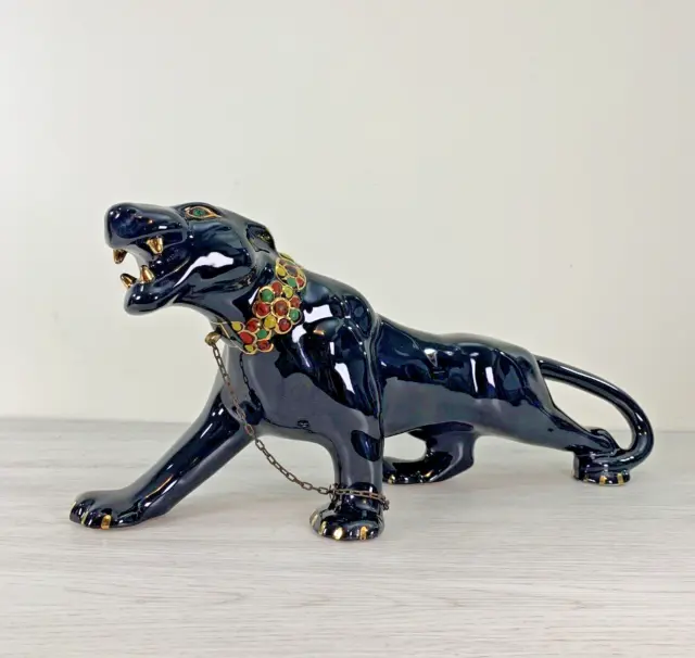 Vintage MCM Ceramic Black Panther with Gold Details - Green Crystal Eyes 19"