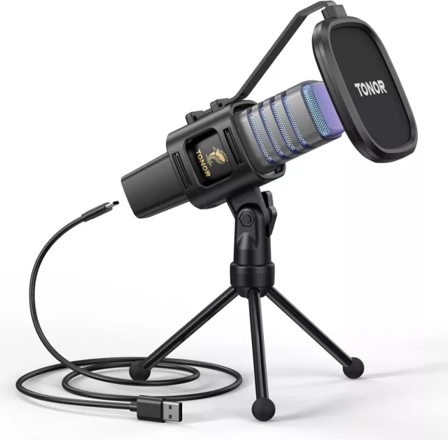 TONOR RGB USB Microphone, Cardioid Condenser Computer PC Mic with Tripod Stand,