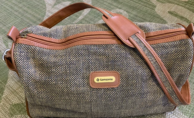 Samsonite Vintage 80s Tweed Carry On Weekender Bag Vegan Leather Brown