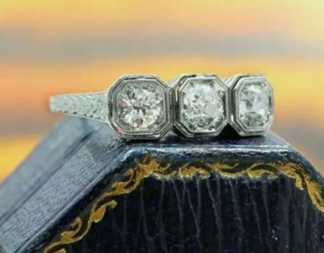 Art Deco Style Lab Created Diamond Filigree Three Stone Wedding 925 Silver Ring 2