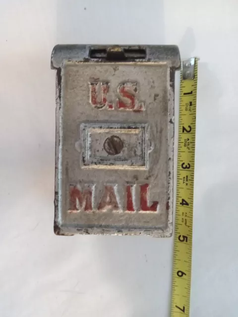 Bank Antique Cast Iron Still US Mail Box Silver Red Letters Hinged Slot Kenton 2