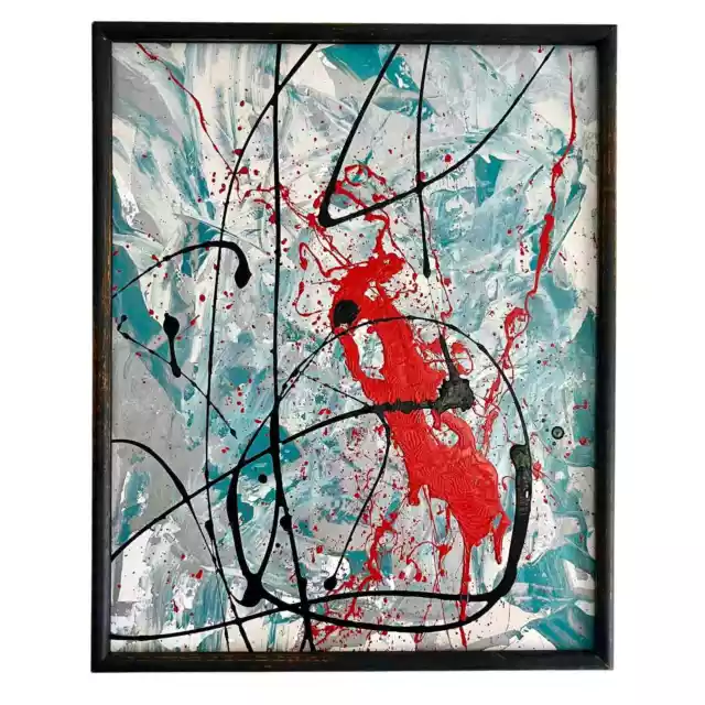Original Framed Abstract Art Painting 17x21" Red Water COA TF6