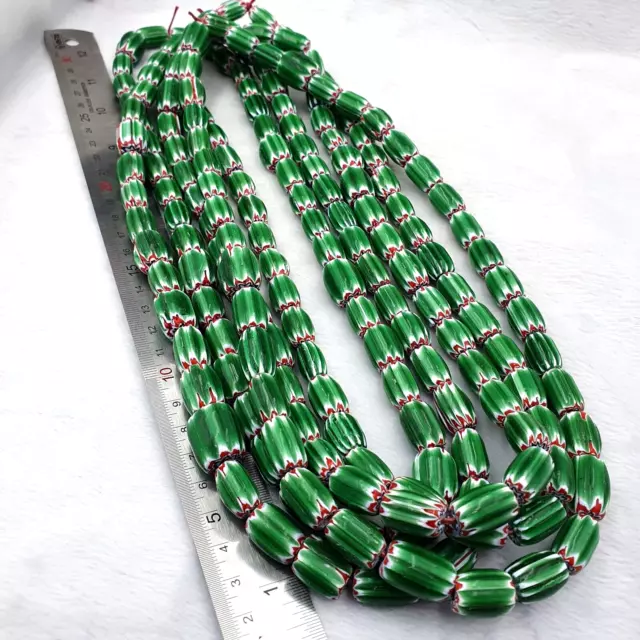 Vintage Venetian African Style Glass Green Chevron 9mm Beads Long Strand