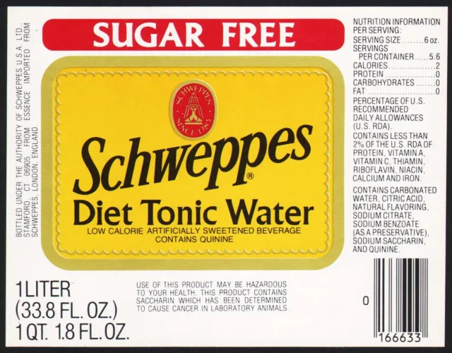 Vintage soda pop bottle label SCHWEPPES TONIC WATER 1 Liter Stamford CT n-mint+