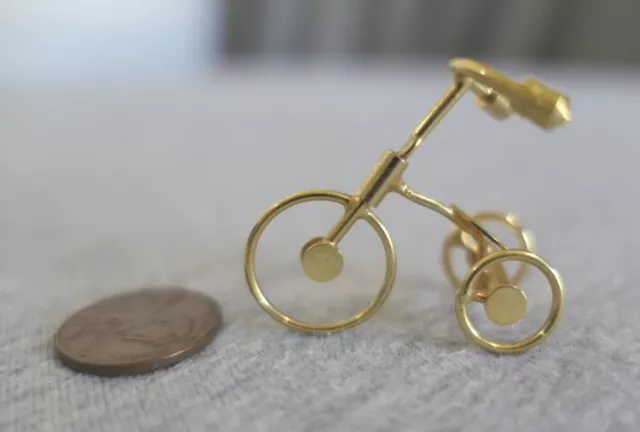 Vintage Miniature Gold Brass Old Fashioned Victorian Tricycle Dollhouse 1-5/8" L