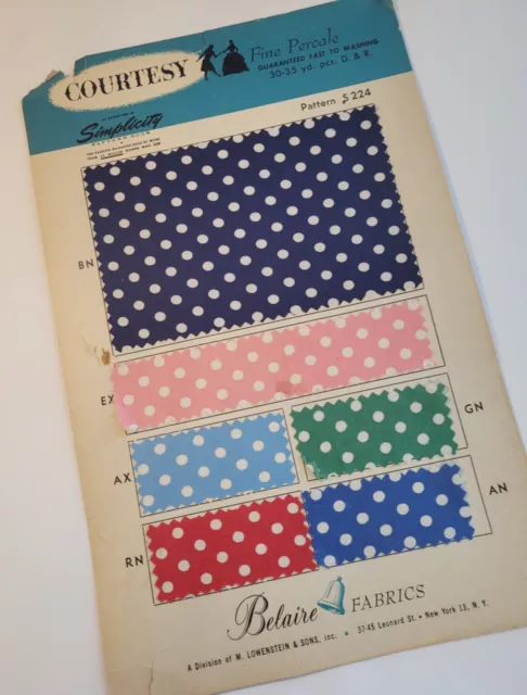 Vintage Fabric Sample Card Salesman Swatch Courtesy Belaire Fabrics Polka Dot