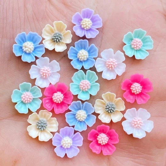 Blumencabochons 10mm, 20er Set Mischfarbe, Harz Flachrücken, Bastelbedarf