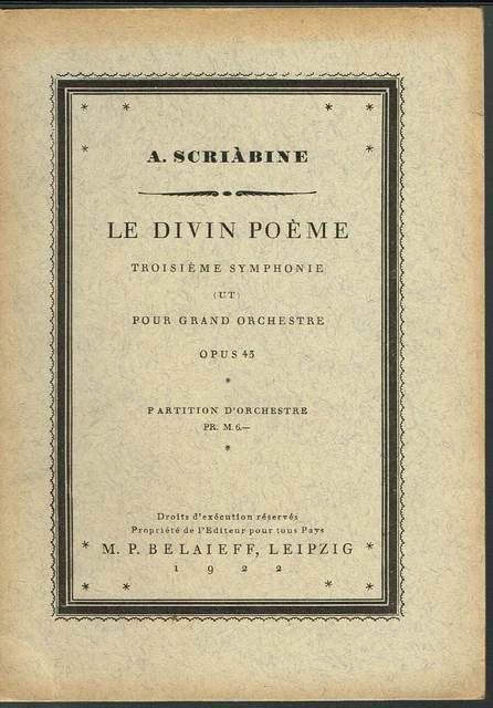 Belaiffe 1922 Scriabine Le Divin Poeme Symphony 3 Opus 45 Score