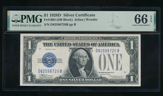 1928-D Silver Certificate $1 ~ Fr#1604 (Db Block) Pmg 66 Gem Unc Epq ~ Free S/H