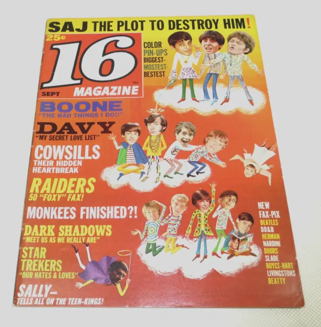 16 MAGAZINE 60s USA TEEN Music Mag SEPT 1968 RAIDERS / BEATLES / MONKEES Pin-Ups