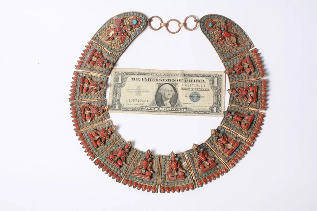 19th C. Tibetan Buddha Coral & Turquoise Collar Necklace w/ 14 Hinged Plates!
