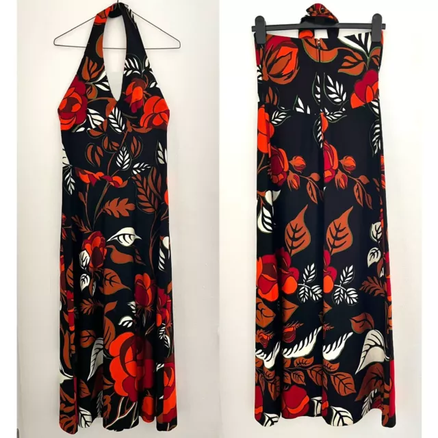 Vintage 1970s Black Orange Red White Floral Print Halter Dress Size 10