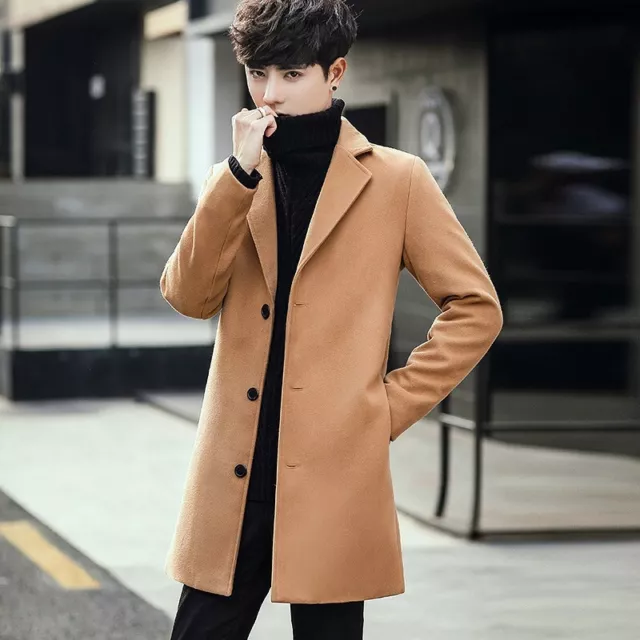 Men's Woolen Jacket Single Breasted Trench Coat Slim Fit Lapel Collar Korean New