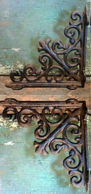 2: Ornate Farmhouse Shelf Braces Wall Brackets Cast Iron Metal Corbels New 8"