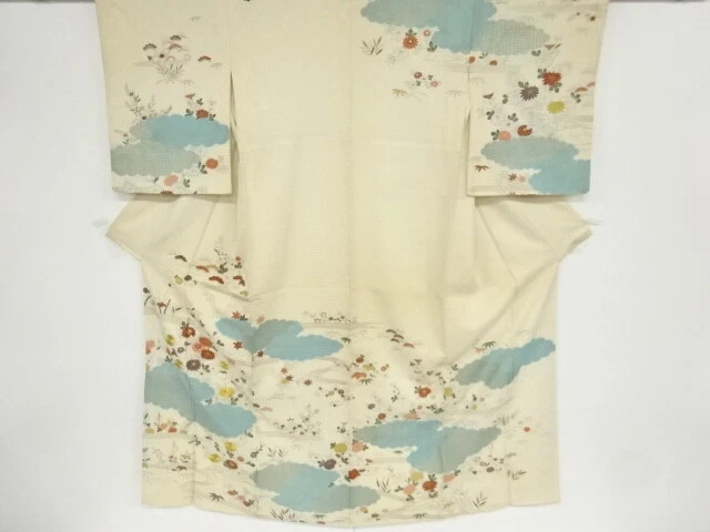 44454# Japanese Kimono / Antique Kimono / Embroidery / Stream & Floral Plant