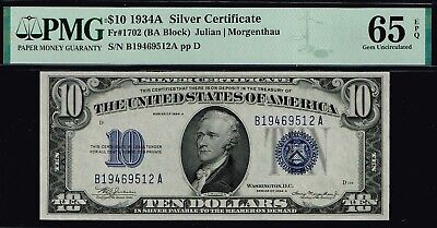 $10 1934A  Silver Certificate. Fr. 1702. BA Block. PMG 65 EPQ.