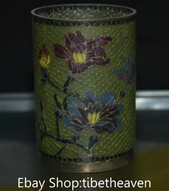 4.6" Old China Cloisonne Copper Dynasty Palace Flower Pen Container Brush Pot