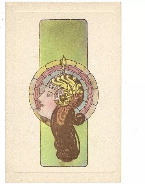 c1910 BEAUTIFUL Colorful Green Art Nouveau Woman Unsigned Postcard