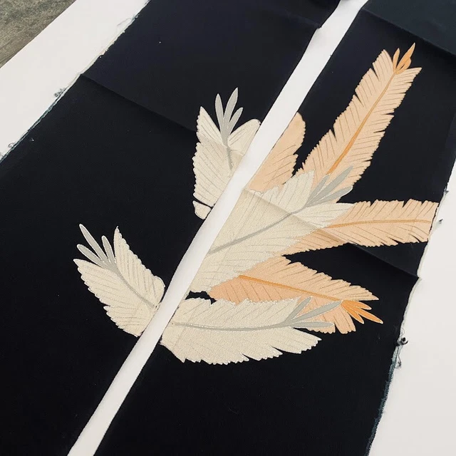 Feather #F set 6.5x72 2yds total Vintage Tomesode Black Silk Kimono Fabric ToD76