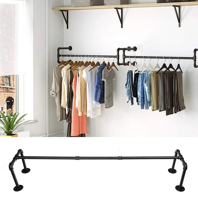BLACK WALL MOUNTED Clothes Rail Tube Industrial Pipe Garment Rack
