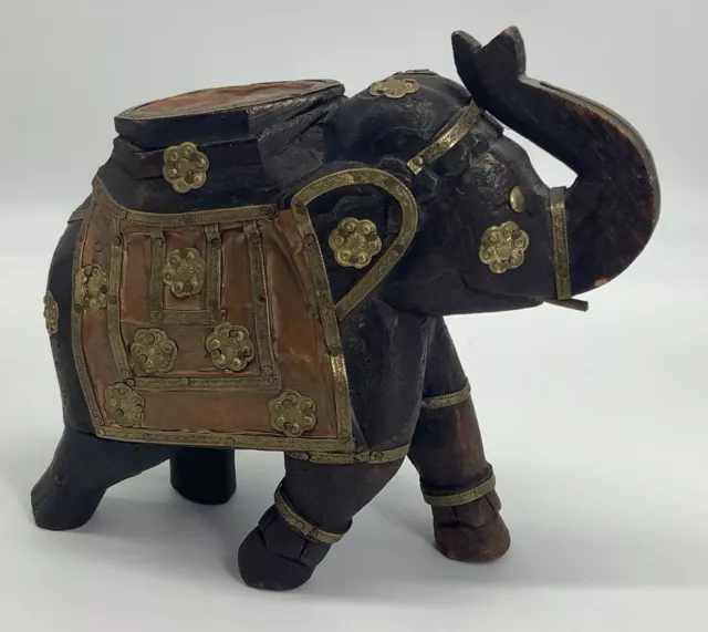 Lovely Wood Carved Elephant With Copper And Brass Features India Asian Asia