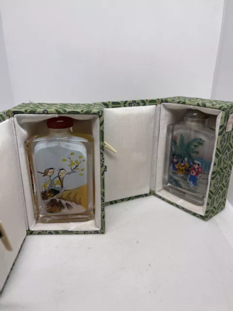 Pair Of Vintage Reverse Painted Chinese Snuff Bottles With Original Boxes