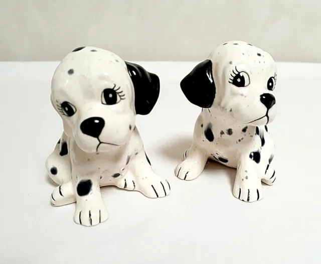 Set Of 2 Vintage Dalmatian Puppy Dog Figurines Sitting Black & White ♡ Cute!