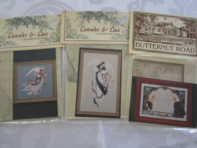 Lavender &Lace BUTTERNUT ROAD Cross Stitch PATTERNS LOT OF 3, ANGEL, SAMPLER NEW