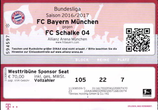 3232 Biglietto Bl 2016/17 FC Bayern München - FC Schalke 04,04.02.2017