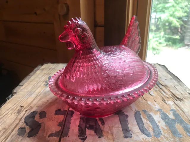 RARE pale light Cranberry Red Indiana Hen On Nest glass chicken HON vtg antique