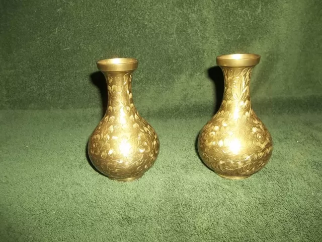 Authentic etched brass vase stamped India Set of 2 vintage brass vases  3