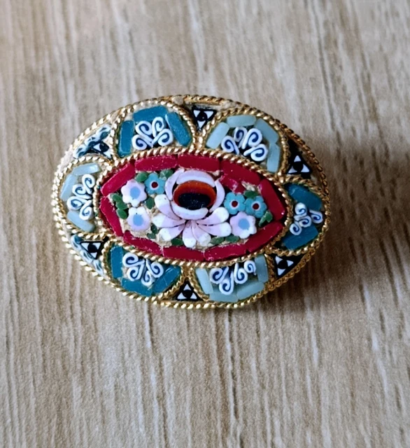 Broche Ancienne En Micro Mosaïque Italie - Cuivre Et Mosaïque Fleurs - Occasion - Très Bon état