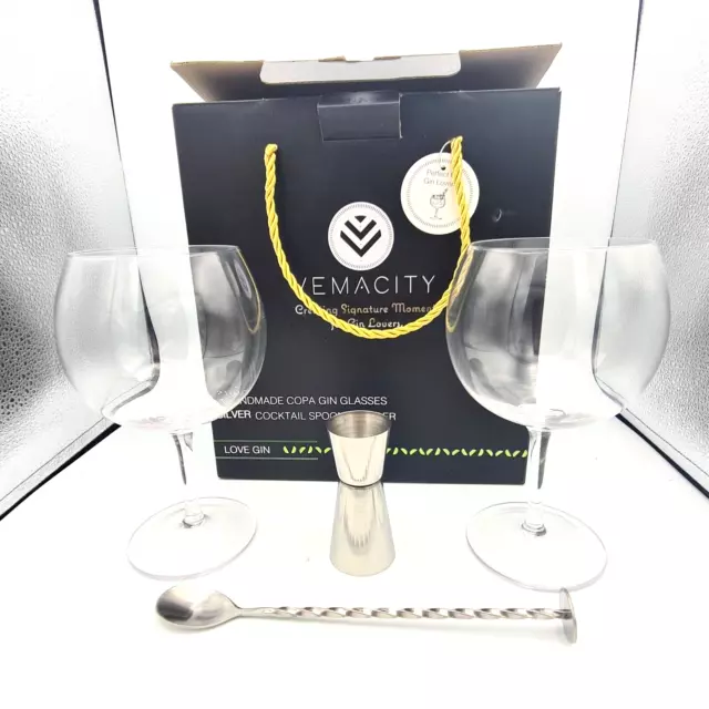 Vemacity - 2 Handmade Copa Gin Glasses + Silver Cocktail Spoon & Jigger - BNIB