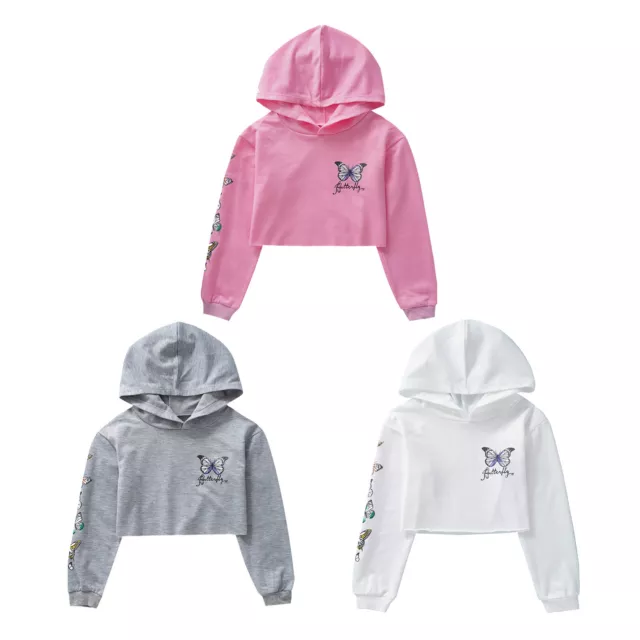Girls Butterfly Hooded Crop Tops Jackets Kids Sweatshirts Spring Fall Clothes