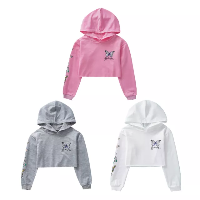 Girls Fashion Butterfly Pattern Printed Long Sleeves Hooded Sweatshirt Crop Tops