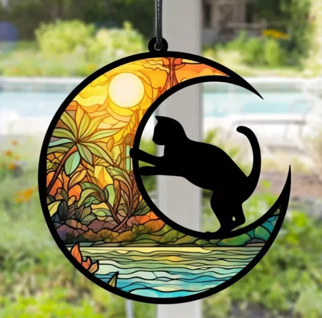 Stained glass cat Hanging Ornament Decoration Pendant home 2D Moon