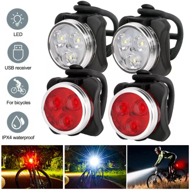 USB Rechargeable 3 LED Night Bike Lights Set Front & Rear Mountain Bicycle Light