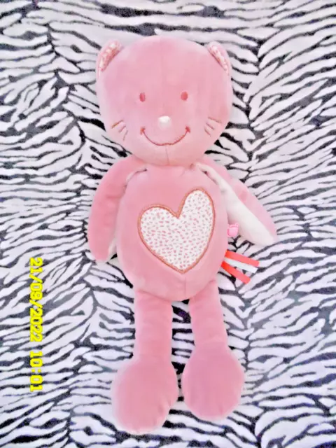 🦋  Doudou Peluche Noukies Chat Minouchka Rose Blanc Coeur Bille 30Cm  Neuf