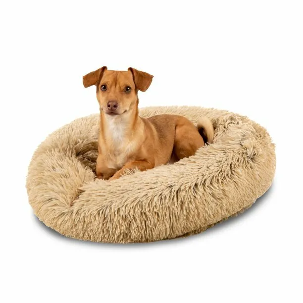 Pet Self-Warming Plush Shag Fur Donut Calming Dog Bed Cuddle Pillow Toape LBrown