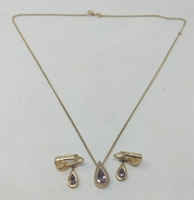 Avon Purple Teardrop Gold Glass Gem Necklace & Clip On Earrings Pair Matching