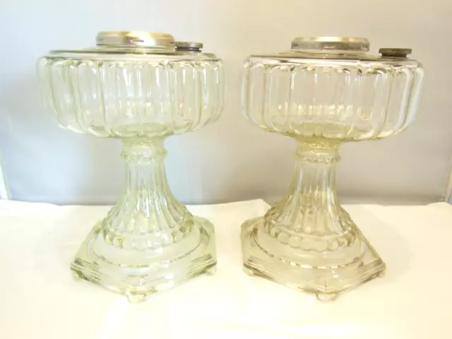 Vintage Pair Aladdin Cathedral Clear Glass Oil Kerosene Lamps