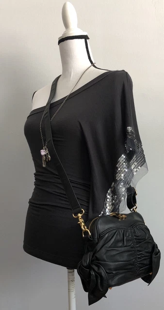 Zac Posen Shoulder Bag Black Buttery Soft Pleated Leather Bow Design