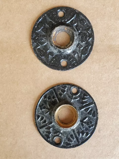 Vintage Round Cast Iron Ornate Door Knob Back Plates Pair (2)