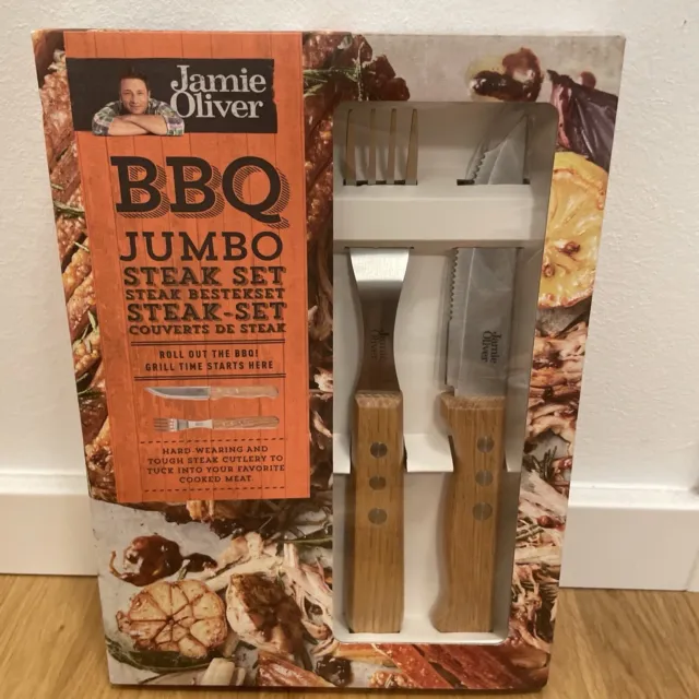 Jamie Oliver 4tlg. BBQ Jumbo Edelstahl Steakbesteck Holz Set Messer Gabel