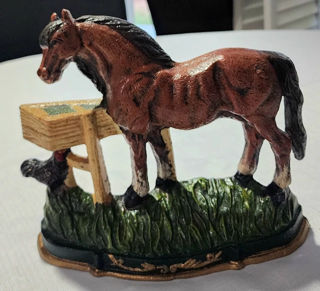 Vintage 1960's Cast Iron Painted Horse with Rooster Door Stopper,great condition