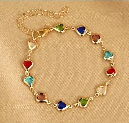 Gold minimalist dainty delicate chain bracelet with multicolour hearts sale