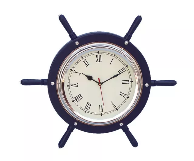 Ships Steering Wheel Blue 15" w/ Chrome Clock Wooden Nautical Hanging Wall Decor